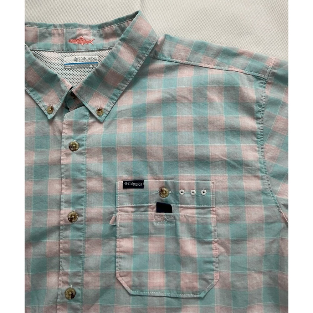 Columbia PFG Super Bonefish Mens XL Pink Blue Plaid SS Fishing Shirt FM1460
